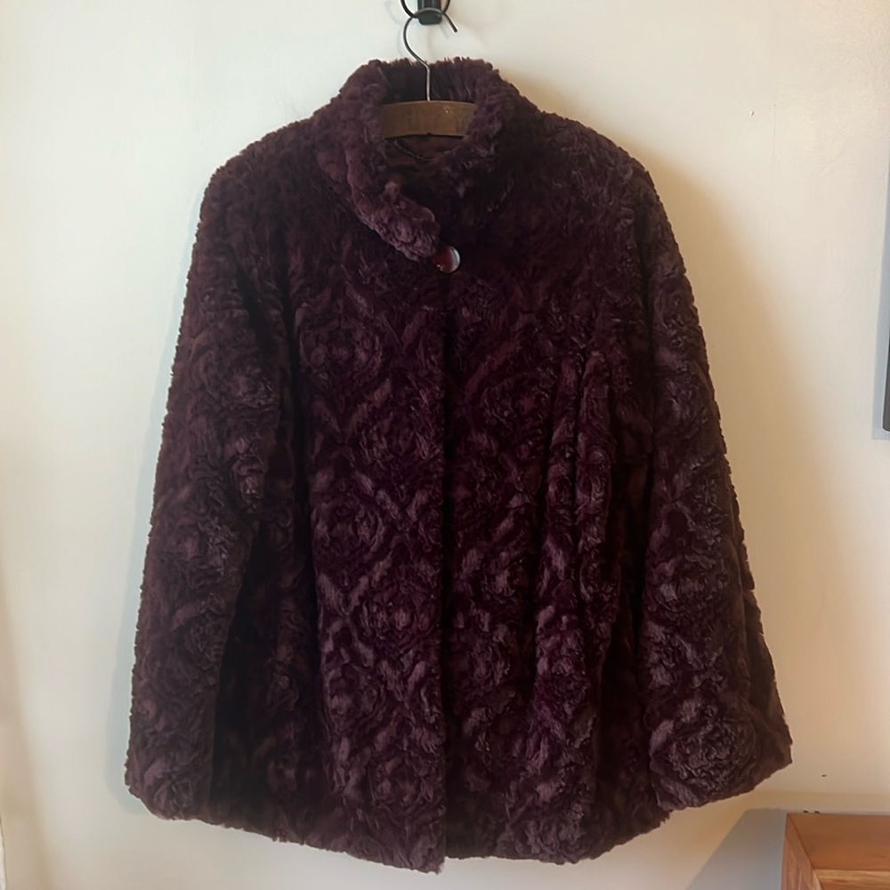 Dennis by Dennis Basso Wine Colored Faux Fur Coat.  Size Medium.